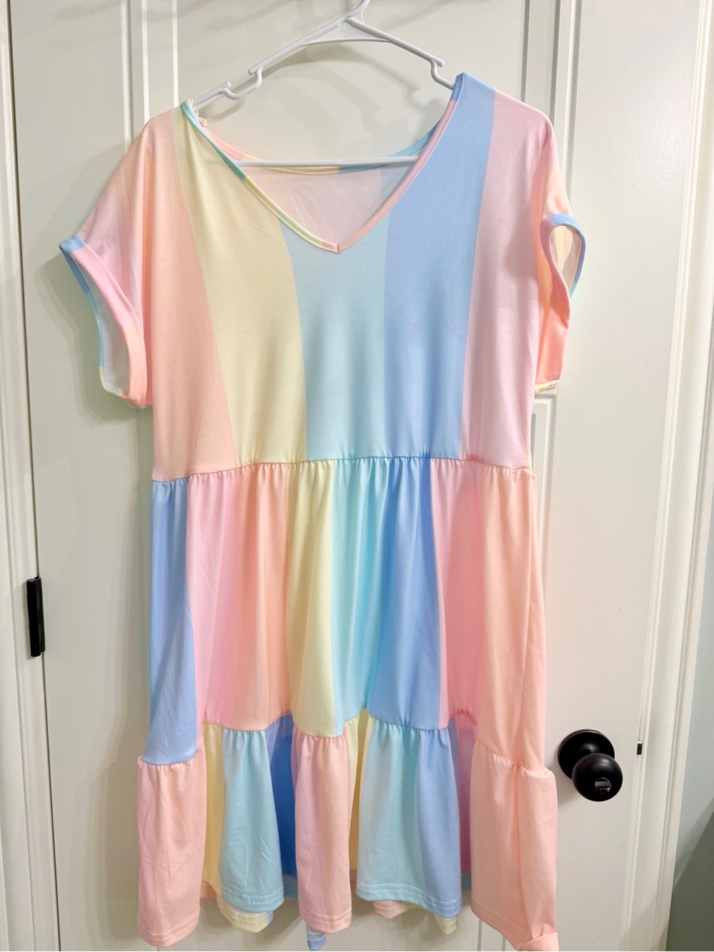 SHEIN Pastel Rainbow Tiered V-Neck Dress in Pink, Blue, Yellow, Cream